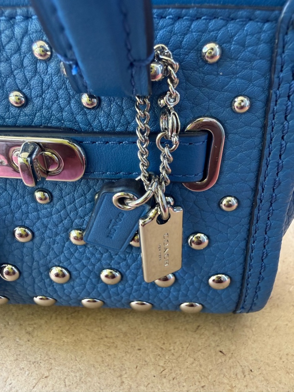 Coach Blue Studded Leather Rogue Satchel Silver Rivets NWT Crossbody Bag - Picture 3 of 15